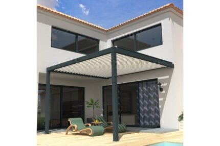 Pergola Bioclimatique STYLE Mixte Gris anthracite / Blanc 3,00x3,046m Motorisé à  télécommande + LED