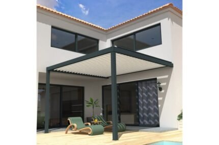 Pergola Bioclimatique STYLE Mixte Gris anthracite / Blanc 3,00x3,940m Motorisé à  télécommande + LED