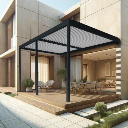 Pergola bioclimatique TRESNA 8.00 x 6.037m Vérin à Télécommande (Gris anthracite / Blanc)