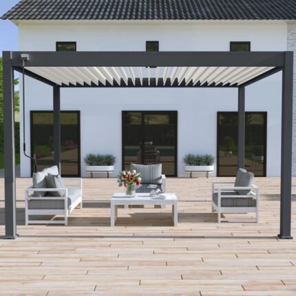Pergola bioclimatique Ombréa autoportante VS - 3x4M bicolore + 1 store 4M blanc-